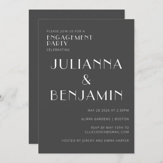 Minimale zwarte Elegant White Engagement Party Kaart (Voorkant / Achterkant)