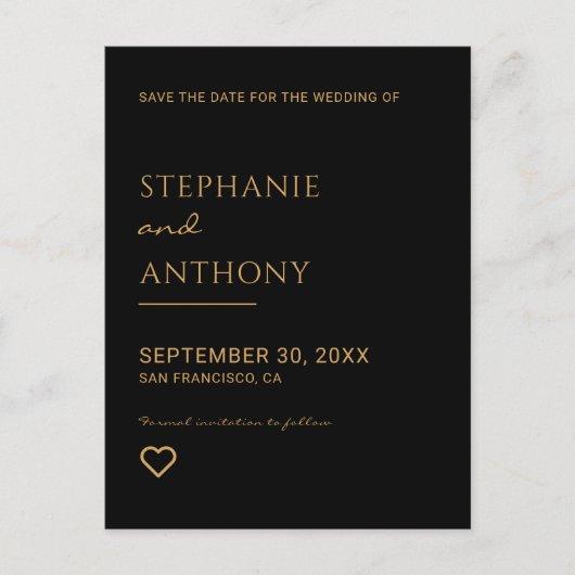 Minimale zwarte en goudhartbruiloft aankondigingskaart (Voorkant)