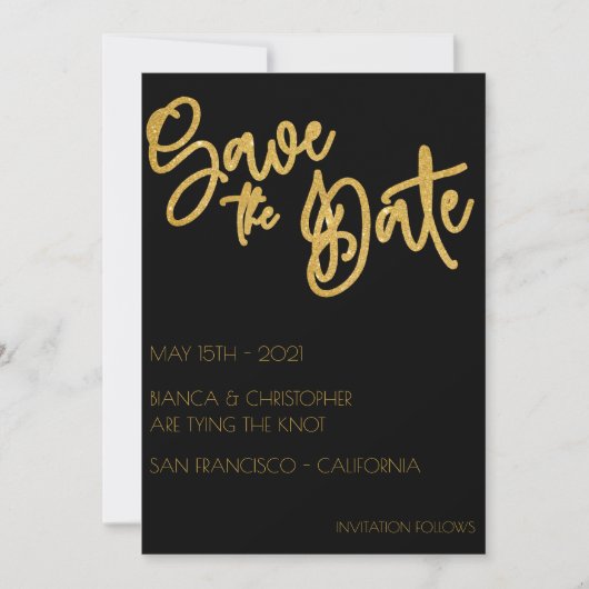 Minimale zwarte en goudkleurige kunstdeco save the date (Voorkant)