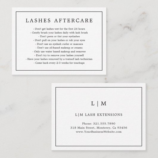 Minimale zwarte en witte as Aftercare Lashes Visitekaartje (Voorkant / Achterkant)