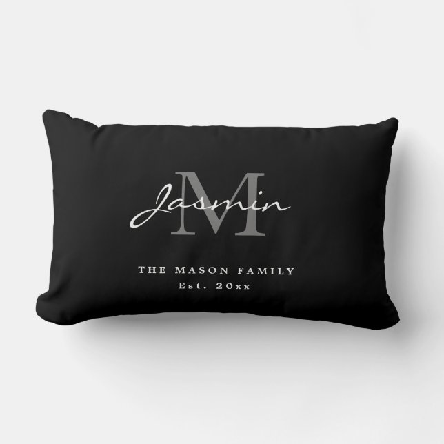 Minimale zwarte en witte familienaam monogram kussen (Voorkant)