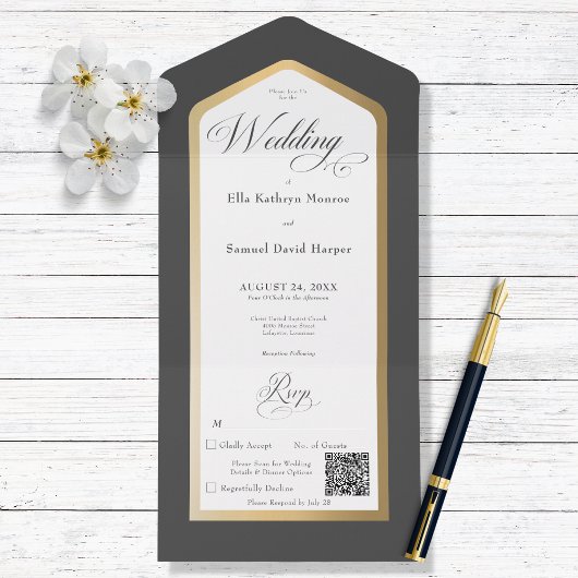 Minimale zwarte en witte gouden moderne QR-code All In One Uitnodiging