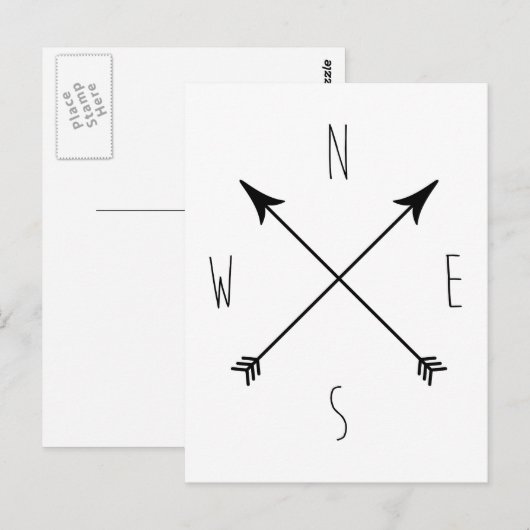 Minimale zwarte en witte kompas briefkaart (Voorkant / Achterkant)