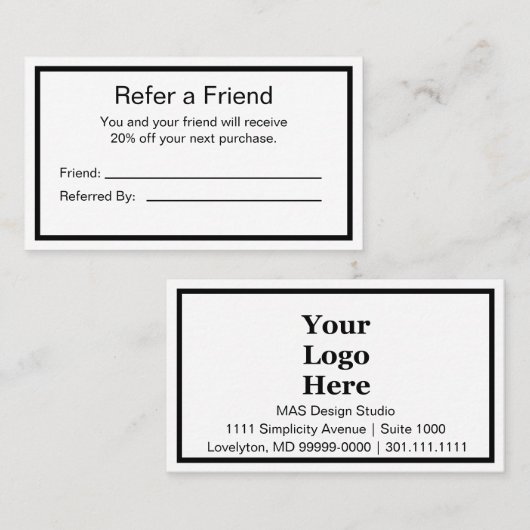 Minimale zwarte en witte Logo hier Aanbevelingskaartje (Voorkant / Achterkant)