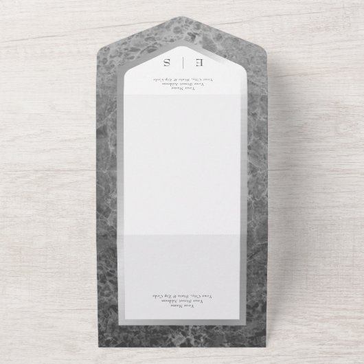 Minimale zwarte en witte marmer, zilver, modern di all in one uitnodiging (Buitenkant)