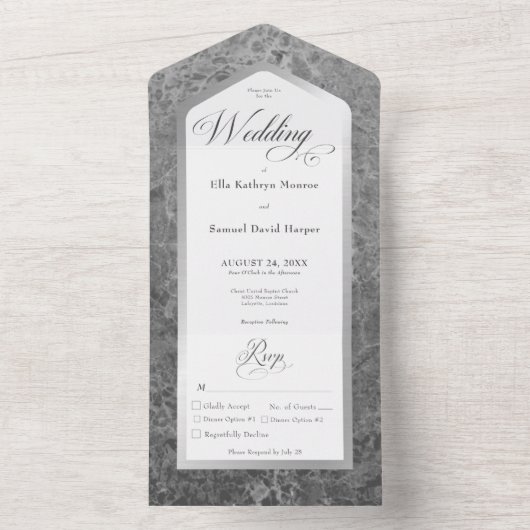 Minimale zwarte en witte marmer, zilver, modern di all in one uitnodiging (Binnen)