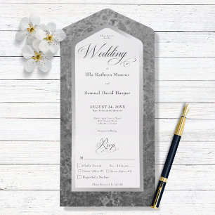 Minimale zwarte en witte marmer, zilver, modern di all in one uitnodiging