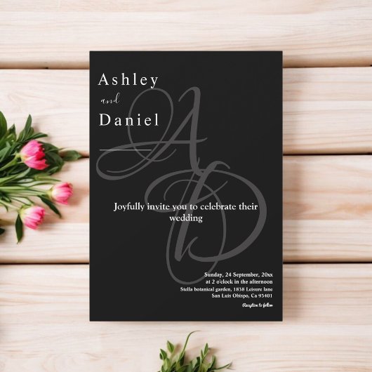 Minimale zwarte en witte monogram legante bruiloft kaart