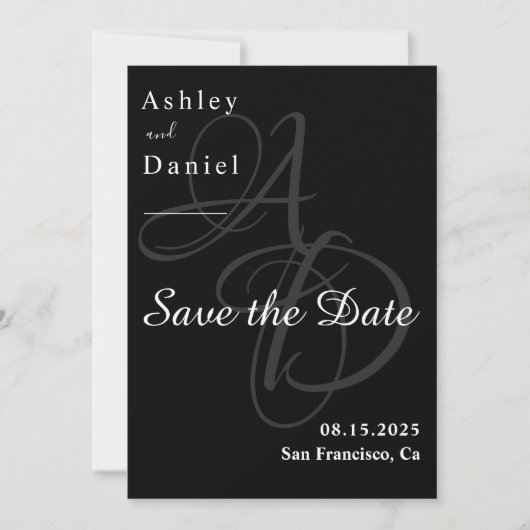 Minimale zwarte en witte monogram legante bruiloft save the date (Voorkant)
