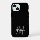 Minimale zwarte en witte monogramnaam + initiaal iPhone 15 case (Achterkant)
