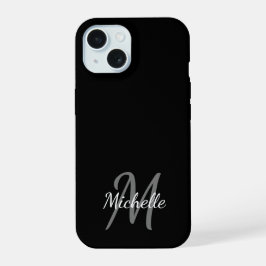 Minimale zwarte en witte monogramnaam + initiaal iPhone 15 case