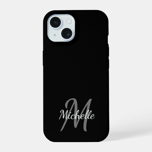 Minimale zwarte en witte monogramnaam + initiaal iPhone 15 case (Achterkant)