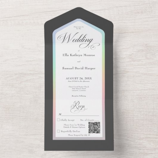 Minimale zwarte en witte regenboog Moderne QR-code All In One Uitnodiging (Binnen)
