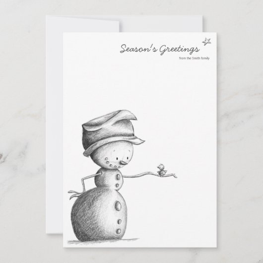 Minimale zwarte en witte sneeuwman met vogel feestdagenkaart (Voorkant)