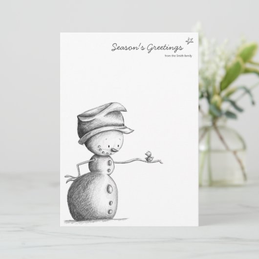 Minimale zwarte en witte sneeuwman met vogel feestdagenkaart (Staand voorkant)