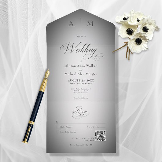 Minimale zwarte en witte standaard moderne QR-code All In One Uitnodiging