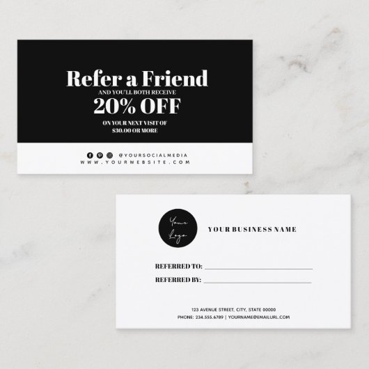 Minimale zwarte en witte verwijzingskaart aanbevelingskaartje (Voorkant / Achterkant)