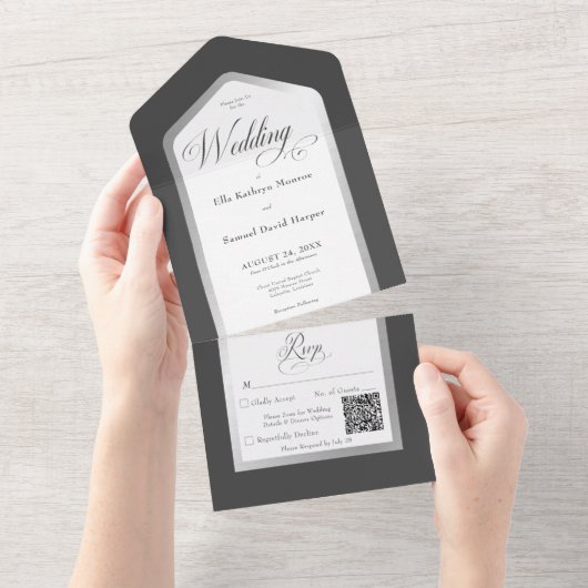 Minimale zwarte en witte zilvermatige QR-code All In One Uitnodiging (Afscheurbaar)