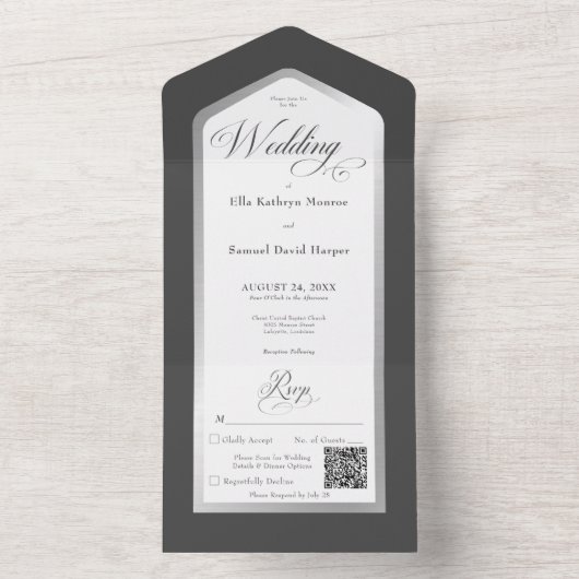 Minimale zwarte en witte zilvermatige QR-code All In One Uitnodiging (Binnen)