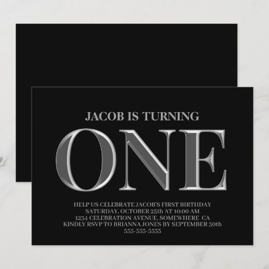 Minimale zwarte en zilverachtige 1ste verjaardag kaart (Voorkant / Achterkant)