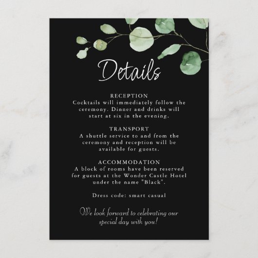 Minimale zwarte eucalyptus bruiloft - Gegevens Informatiekaartje (Voorkant)