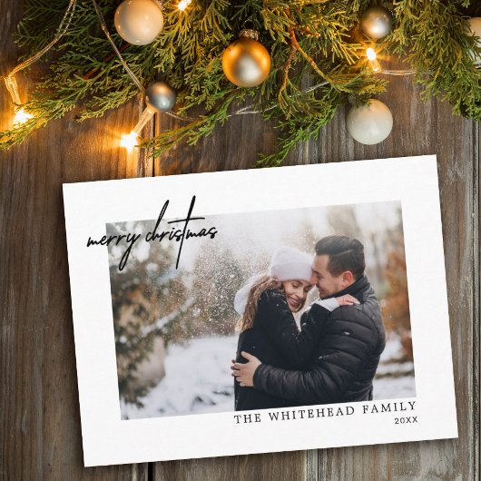 Minimale zwarte foto-kerstwit feestdagenkaart