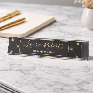 Minimale Zwarte Gouden Luxe Kroon Patroon Bureau Naambordje