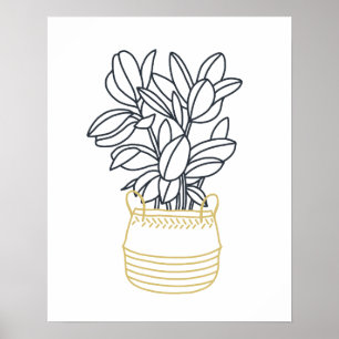 Minimale zwarte gouden mosterd  mand met potplant poster
