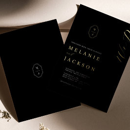 Minimale zwarte & goudgepersonaliseerde monogram C Folie Uitnodiging