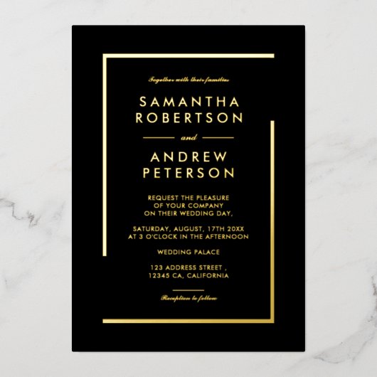 Minimale zwarte goudkleurige bruiloft folie uitnodiging (Voorkant)