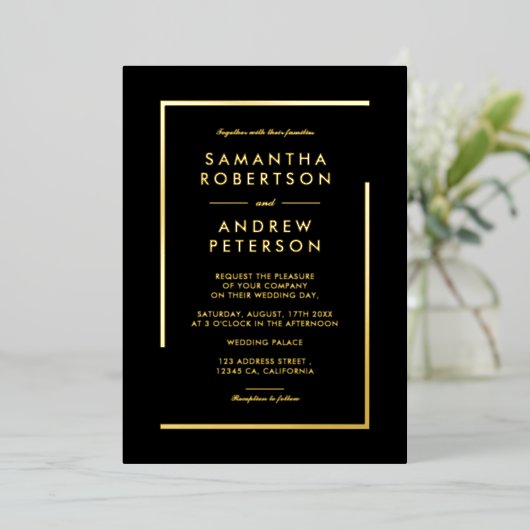 Minimale zwarte goudkleurige bruiloft folie uitnodiging (Staand Voorkant)