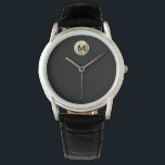 Minimale zwarte goudmonogram horloge<br><div class="desc">Modern minimalistisch geborsteld metallisch goud, klassiek blok Typografie Monogram Initiaal Zwarte achtergrond</div>