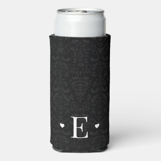 Minimale zwarte hartafhankelijke Initiaal Monogram Seltzer Blikjeskoeler (Seltzer Achterkant)
