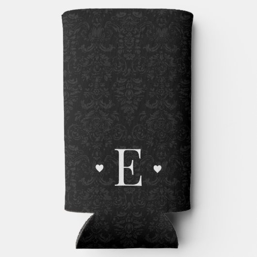 Minimale zwarte hartafhankelijke Initiaal Monogram Seltzer Blikjeskoeler (Achterkant)