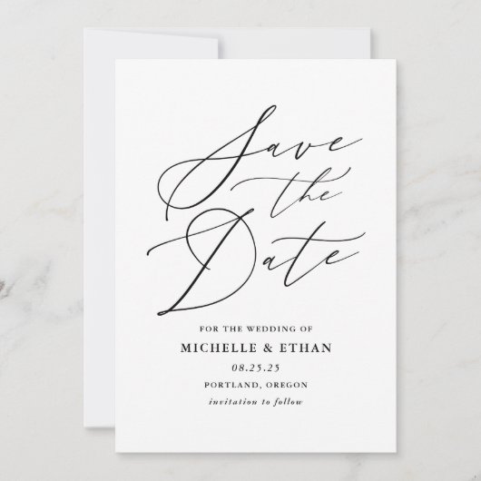 Minimale zwarte kalligrafiefasfoto save the date (Voorkant)