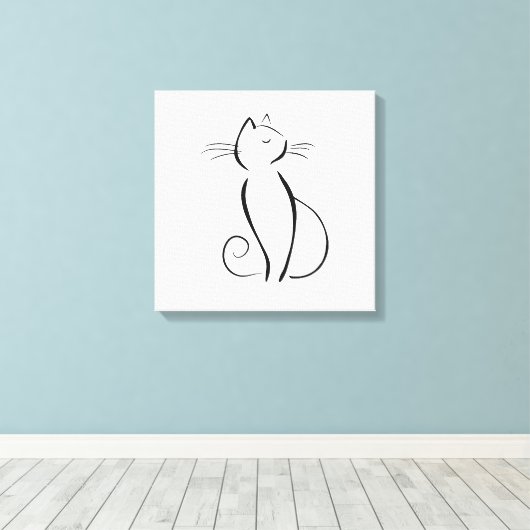 Minimale zwarte kat op wit canvas afdruk (Insitu (Houten vloer))