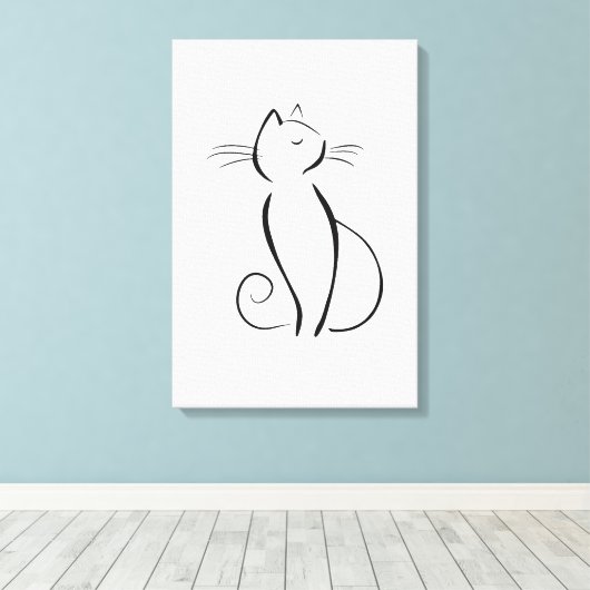 Minimale zwarte kat op wit canvas afdruk (Insitu (Houten vloer))