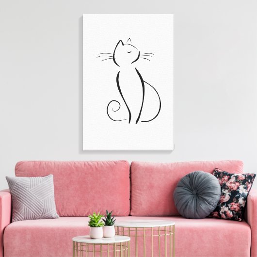 Minimale zwarte kat op wit canvas afdruk (Insitu (Woonkamer))
