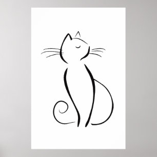 Minimale zwarte kat op wit poster