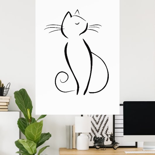 Minimale zwarte kat op wit poster (Thuiskantoor)