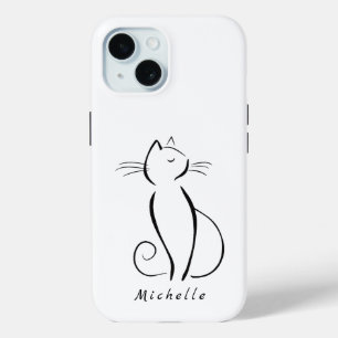 Minimale zwarte kat op wit voeg naam toe iPhone 15 case
