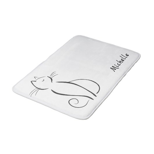 Minimale zwarte kat op witte add-naam badmat (Gekanteld)