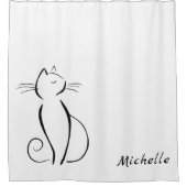 Minimale zwarte kat op witte add-naam douchegordijn (Voorkant)