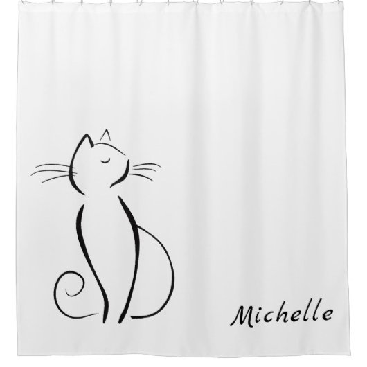 Minimale zwarte kat op witte add-naam douchegordijn (Voorkant)