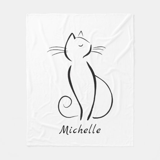 Minimale zwarte kat op witte add-naam fleece deken (Voorkant)