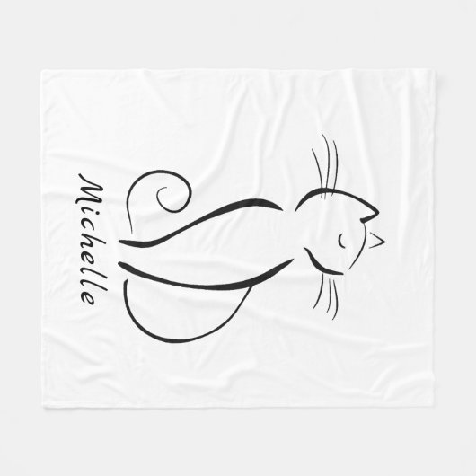 Minimale zwarte kat op witte add-naam fleece deken (Voorkant (Horizontaal))