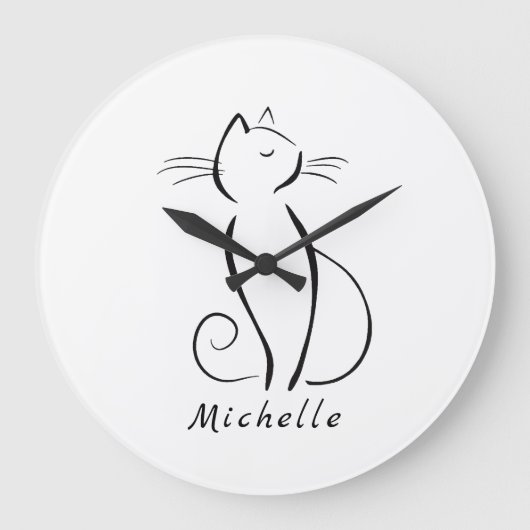 Minimale zwarte kat op witte add-naam grote klok (Voorkant)