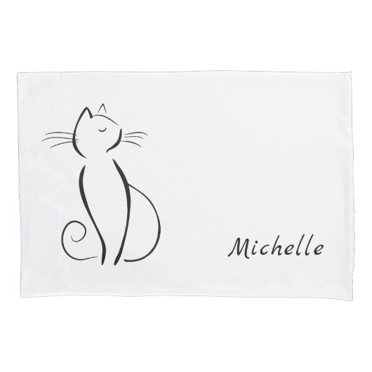 Minimale zwarte kat op witte add-naam kussensloop (Voorkant)