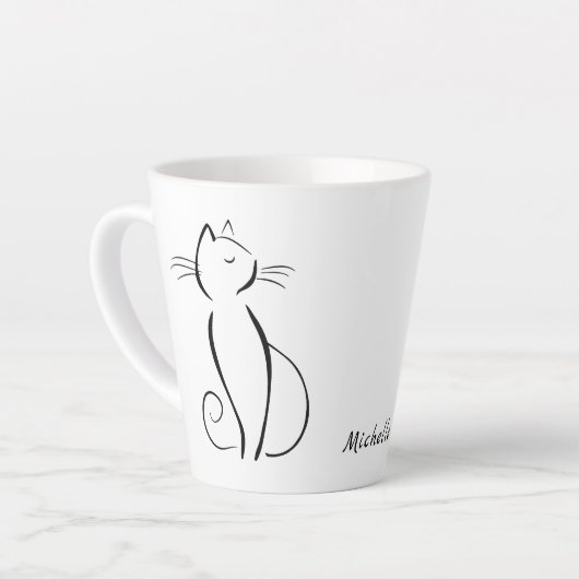 Minimale zwarte kat op witte add-naam latte mok (Linkerhoek)