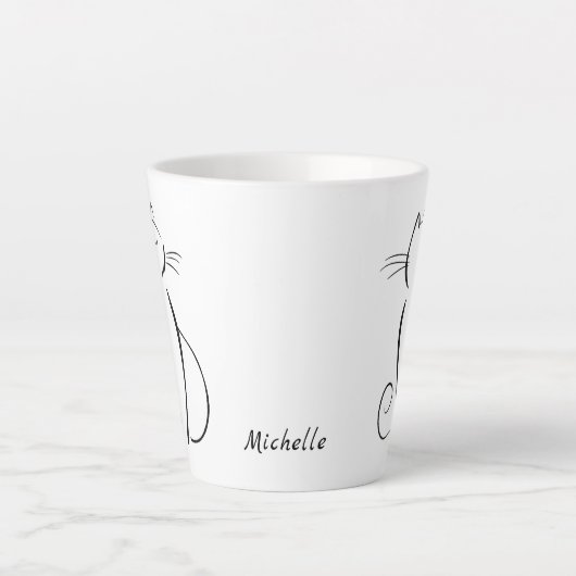 Minimale zwarte kat op witte add-naam latte mok (Voorkant)